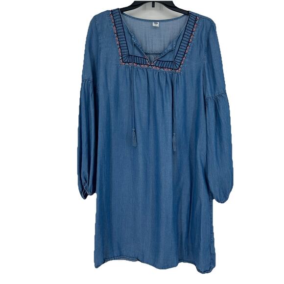 Old Navy Boho Chambray Shift Dress Embroidered Tassels Balloon Sleeves Size M - Picture 1 of 10
